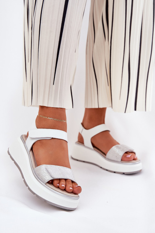 Dámské sandály  Platformie I Koturnie se samolepicími uzávěry S.Barski LR51-543 stříbrné barvy