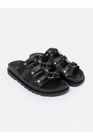 Černé Pantofle  ozdobione trzema paskami 2