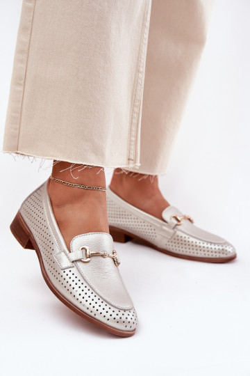 Dámské mokasíny s ornamenty s širokými podpatky S.Barski LR51-594 stříbrné barvy