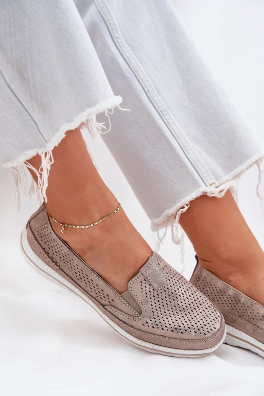 Ažurový semiš boty Dámské mokasíny zlaté barvy Redileine Ažurový semiš boty Dámské mokasíny zlaté barvy Redileine