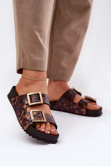 Dámské pantofle s přezkami se vzory leopardí kožešiny  RR285059 hnědá 2