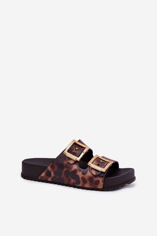 Dámské pantofle s přezkami se vzory leopardí kožešiny  RR285059 hnědá  Dámské pantofle s přezkami se vzory leopardí kožešiny  RR285059 hnědá