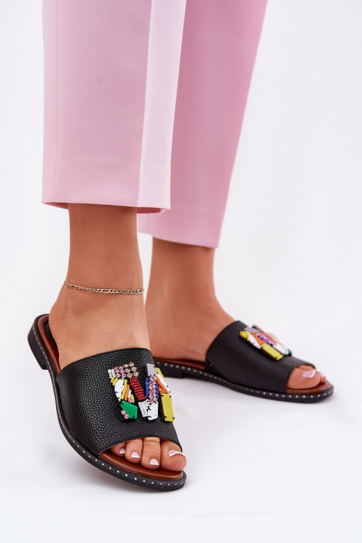 Dámské pantofle s širokými podpatky s ornamenty Černé Clelione