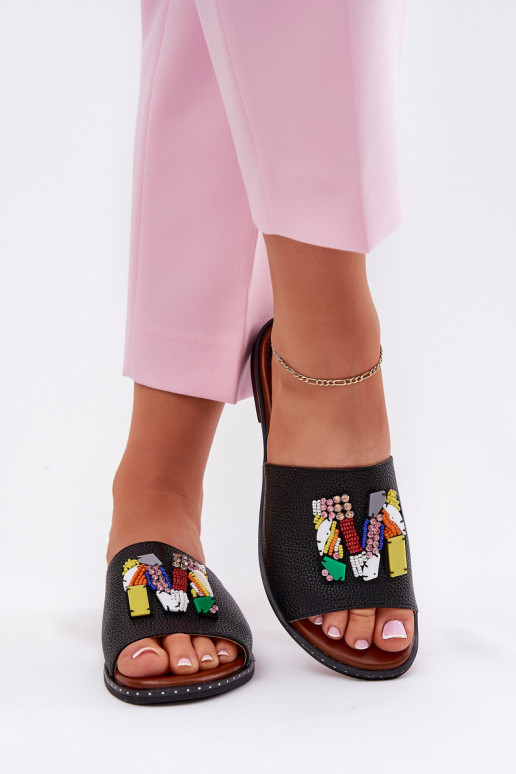 Dámské pantofle s širokými podpatky s ornamenty Černé Clelione