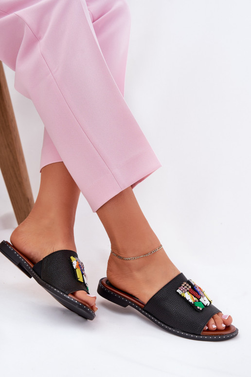 Dámské pantofle s širokými podpatky s ornamenty Černé Clelione