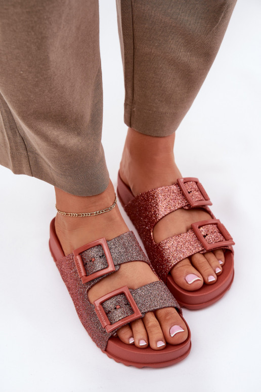  Dámské pantofle se třpytkami I s přezkamimi  RR285025 růžová