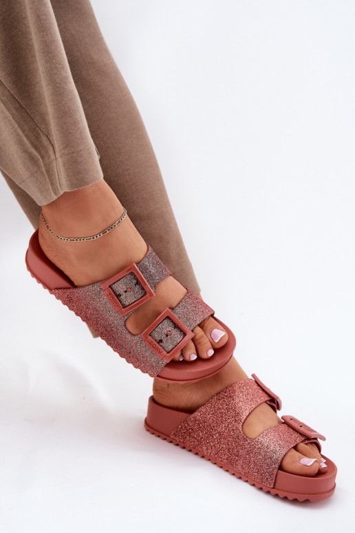  Dámské pantofle se třpytkami I s přezkamimi  RR285025 růžová