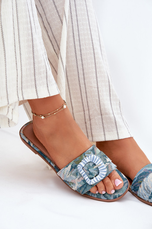 Ploché boty Dámské pantofle zdobené s přezkami modrá Clariola