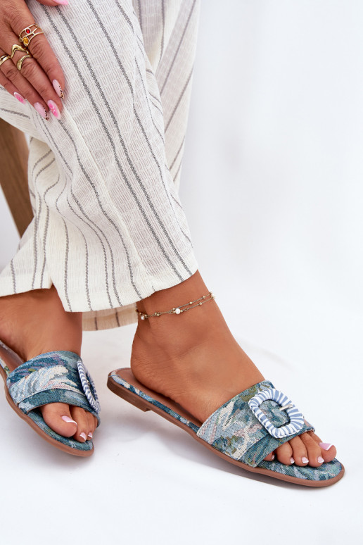 Ploché boty Dámské pantofle zdobené s přezkami modrá Clariola