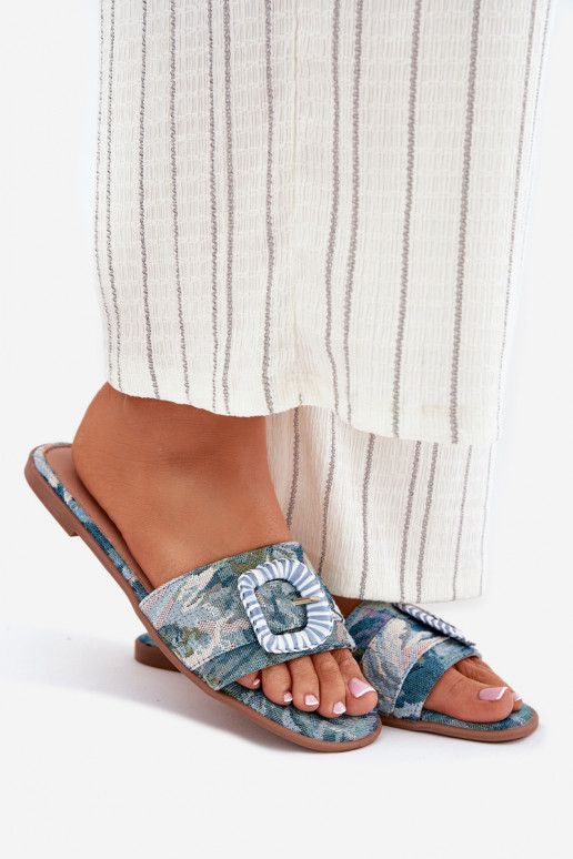 Ploché boty Dámské pantofle zdobené s přezkami modrá Clariola