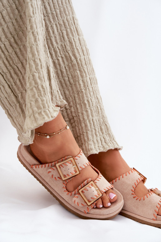 Dámské pantofle s přezkami I Ozdobnym Obszyciem béžové Visley