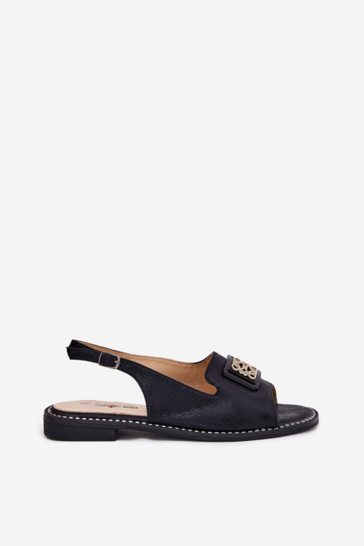 Elegantní styl Dámské sandály s širokými podpatky s ornamenty S.Barski KV51-082 Černé Elegantní styl Dámské sandály s širokými podpatky s ornamenty S.Barski KV51-082 Černé