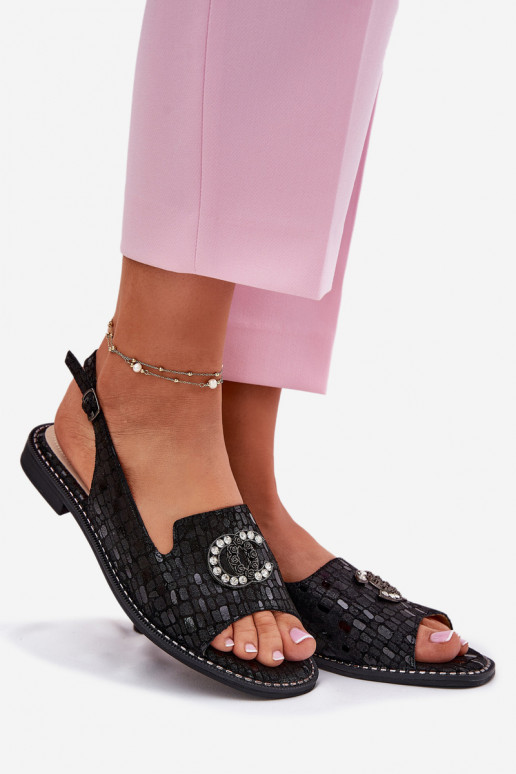 Dámské sandály s ornamenty s širokými podpatky S.Barski KV51-096 Černé Dámské sandály s ornamenty s širokými podpatky S.Barski KV51-096 Černé