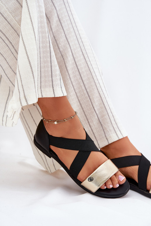 Ploché dámské sandály Z Elastycznymi Paskami Černé a-zlaté barvy Marinea Ploché dámské sandály Z Elastycznymi Paskami Černé a-zlaté barvy Marinea