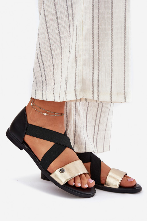 Ploché dámské sandály Z Elastycznymi Paskami Černé a-zlaté barvy Marinea Ploché dámské sandály Z Elastycznymi Paskami Černé a-zlaté barvy Marinea