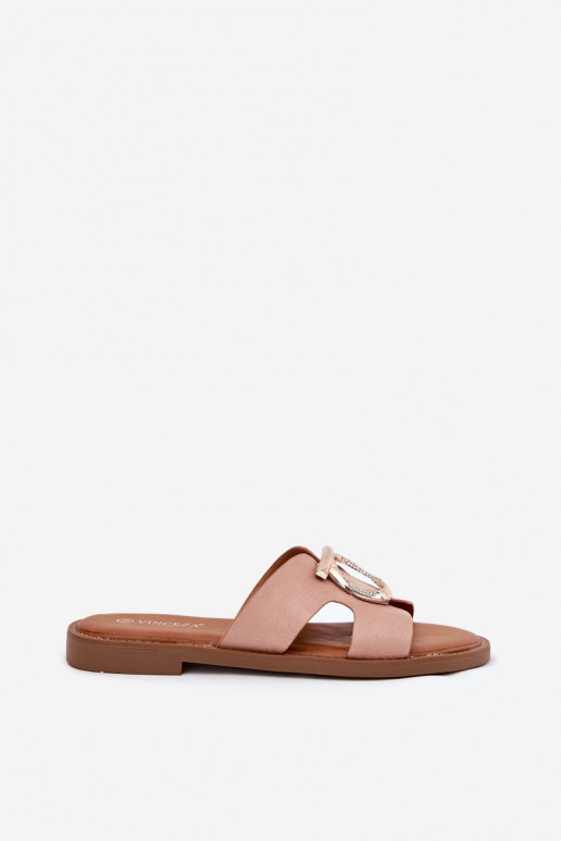 Dámské pantofle s širokými podpatky s ornamenty Vinceza 17381 béžové