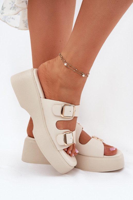 Dámské pantofle  a platformou s přezkami slonová kost Nitarelia