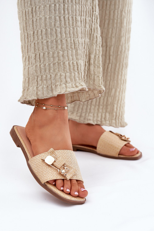 Dámské pantofle s širokými podpatky se stuhami béžové Sallariela