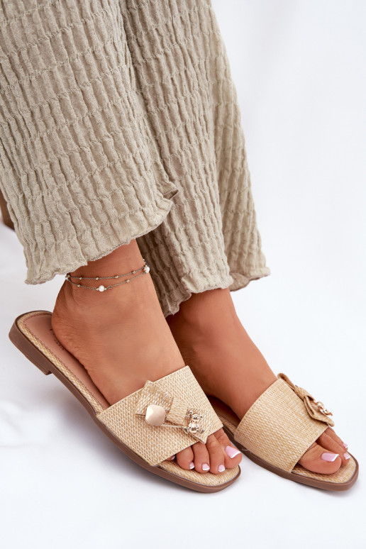 Dámské pantofle s širokými podpatky se stuhami béžové Sallariela