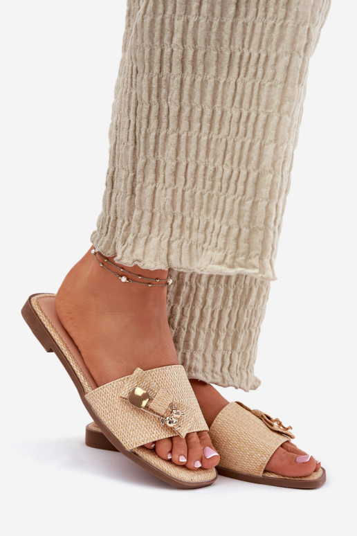 Dámské pantofle s širokými podpatky se stuhami béžové Sallariela