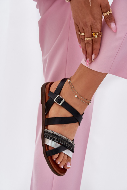 Ploché sandály s pruhy Sergio Leone SK087H Černé  Ploché sandály s pruhy Sergio Leone SK087H Černé