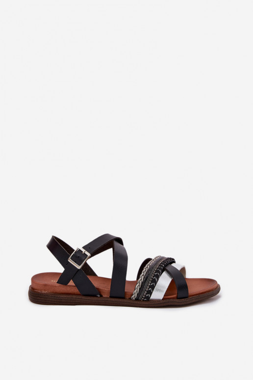 Ploché sandály s pruhy Sergio Leone SK087H Černé  Ploché sandály s pruhy Sergio Leone SK087H Černé