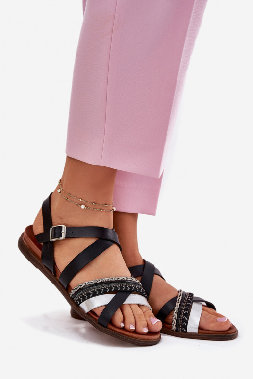 Ploché sandály s pruhy Sergio Leone SK087H Černé  Ploché sandály s pruhy Sergio Leone SK087H Černé