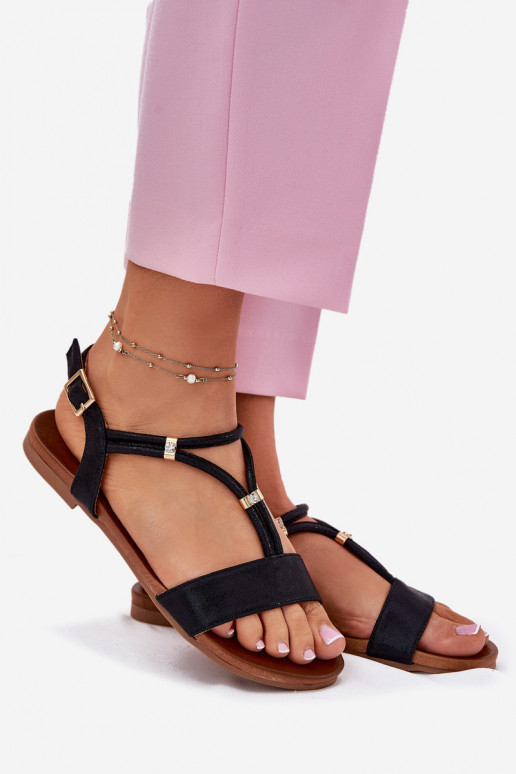 Ploché sandály s pruhy S.Barski KV51-120 Černé  Ploché sandály s pruhy S.Barski KV51-120 Černé