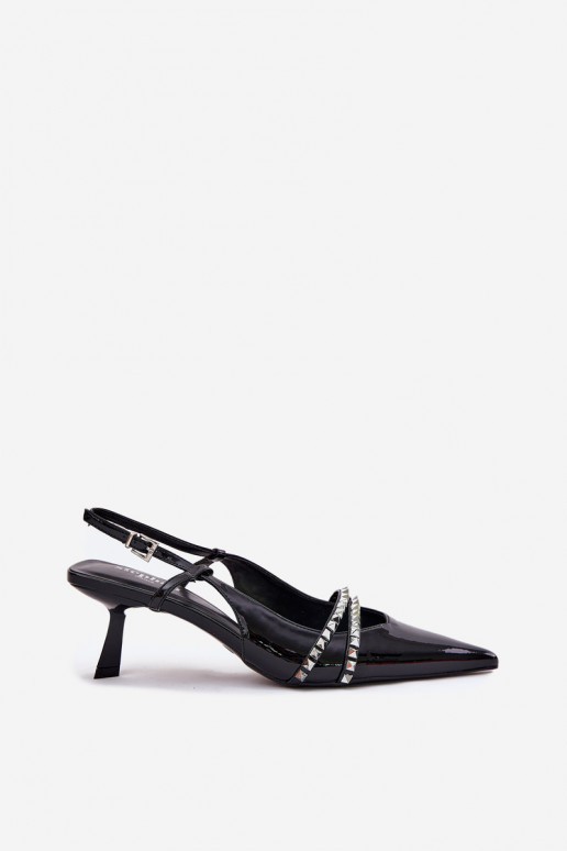 s efektem laku Obuv s tenkými podpatky s popruhy Černé Jelmia s efektem laku Obuv s tenkými podpatky s popruhy Černé Jelmia
