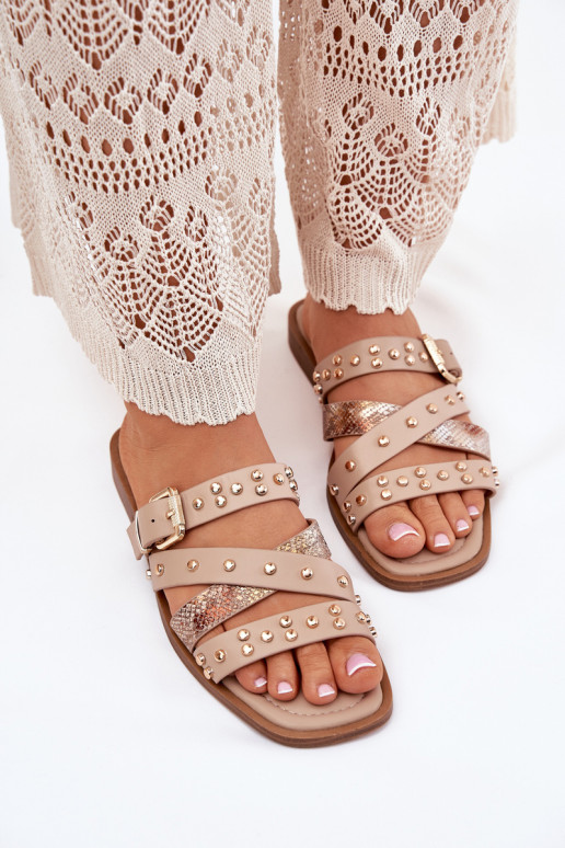 Zdobené Dámské pantofle s širokými podpatky s pruhy I s přezkami béžové Manitte