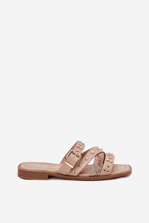 Zdobené Dámské pantofle s širokými podpatky s pruhy I s přezkami béžové Manitte