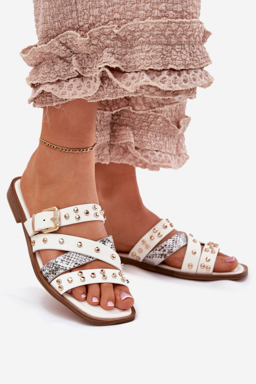 Zdobené Dámské pantofle s širokými podpatky s pruhy I s přezkami bílé Manitte