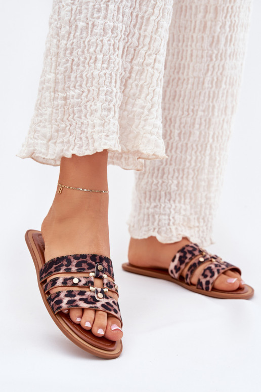 Ploché boty Dámské pantofle Ze zlaté barvym Detalem se vzory leopardí kožešiny Noroti