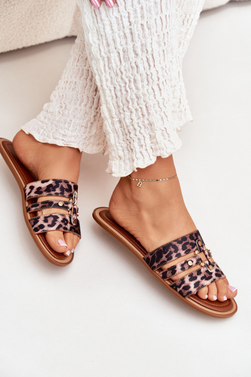 Ploché boty Dámské pantofle Ze zlaté barvym Detalem se vzory leopardí kožešiny Noroti