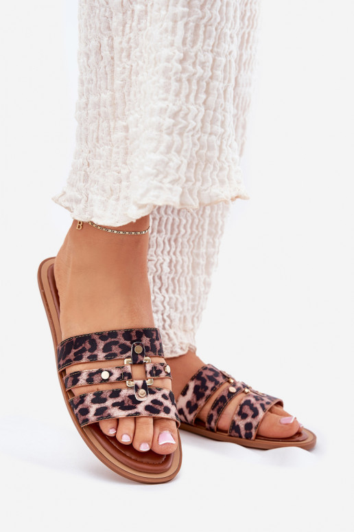 Ploché boty Dámské pantofle Ze zlaté barvym Detalem se vzory leopardí kožešiny Noroti