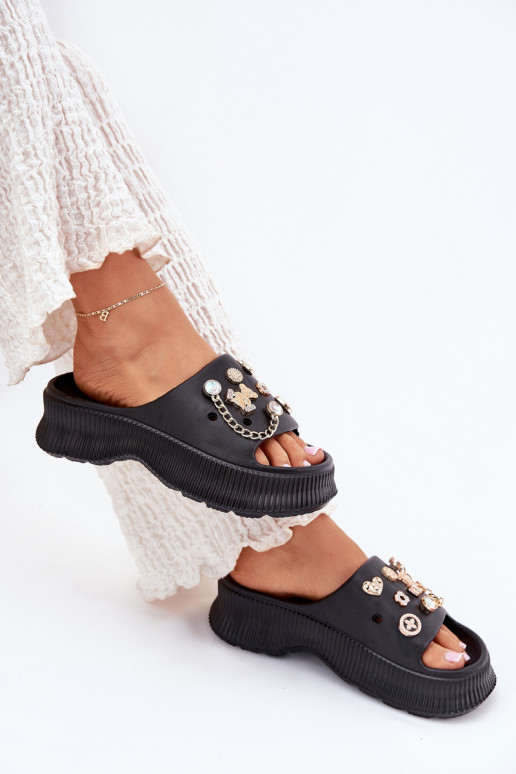  Dámské pantofle Ze zlaté barvymi Przypinkami Černé Hortiana