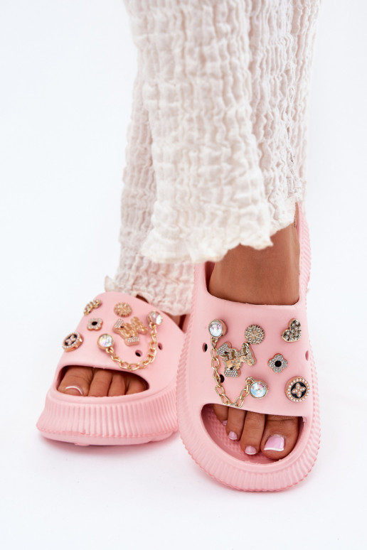 Dámské pantofle Ze zlaté barvymi Przypinkami růžová Hortiana  Dámské pantofle Ze zlaté barvymi Przypinkami růžová Hortiana