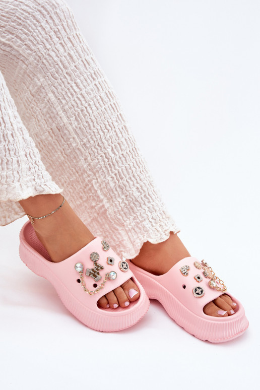 Dámské pantofle Ze zlaté barvymi Przypinkami růžová Hortiana  Dámské pantofle Ze zlaté barvymi Przypinkami růžová Hortiana