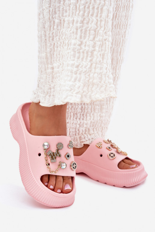 Dámské pantofle Ze zlaté barvymi Przypinkami růžová Hortiana  Dámské pantofle Ze zlaté barvymi Przypinkami růžová Hortiana