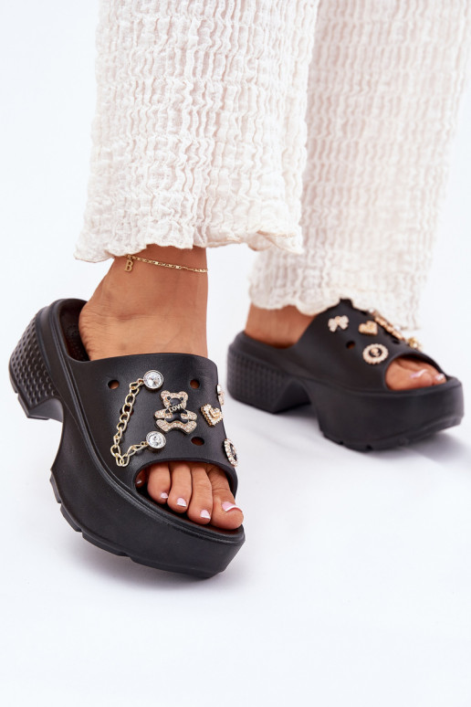  Dámské pantofle s platformou Ze zlaté barvymi Przypinkami Černé Ivoriel