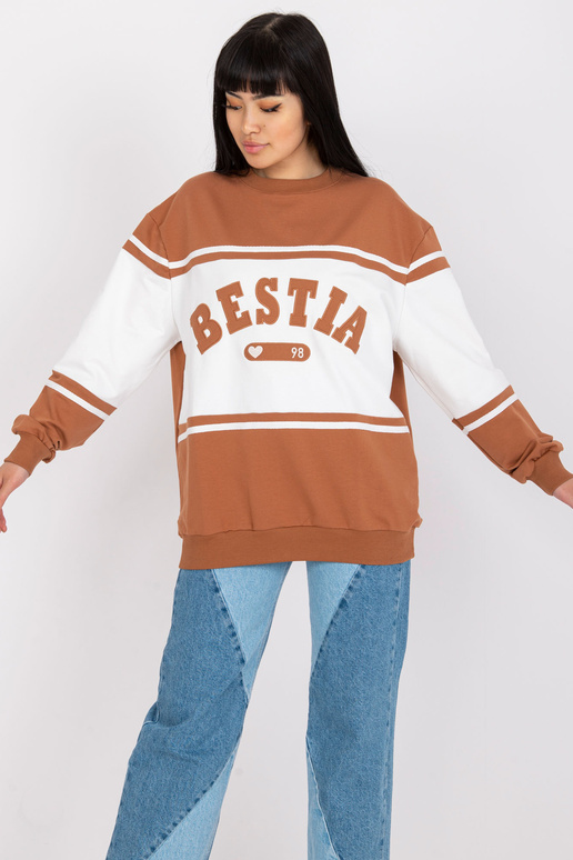 Hnědobílá mikina bez kapuce s nápisem