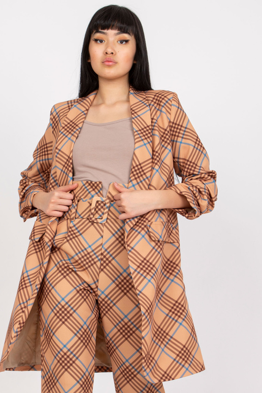 Béžovo-modrý dlouhý kostkovaný sako