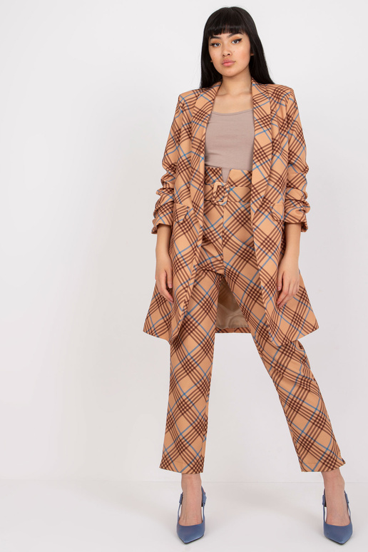 Béžovo-modrý dlouhý kostkovaný sako