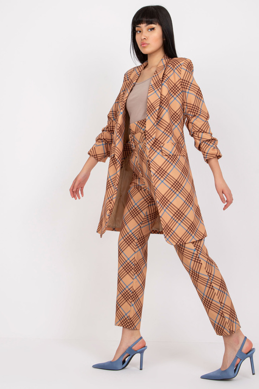 Béžovo-modrý dlouhý kostkovaný sako