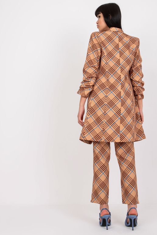 Béžovo-modrý dlouhý kostkovaný sako