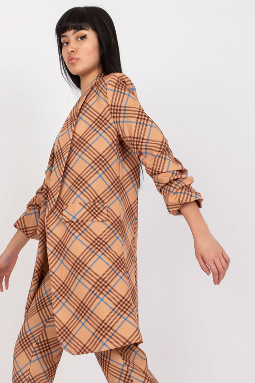 Béžovo-modrý dlouhý kostkovaný sako