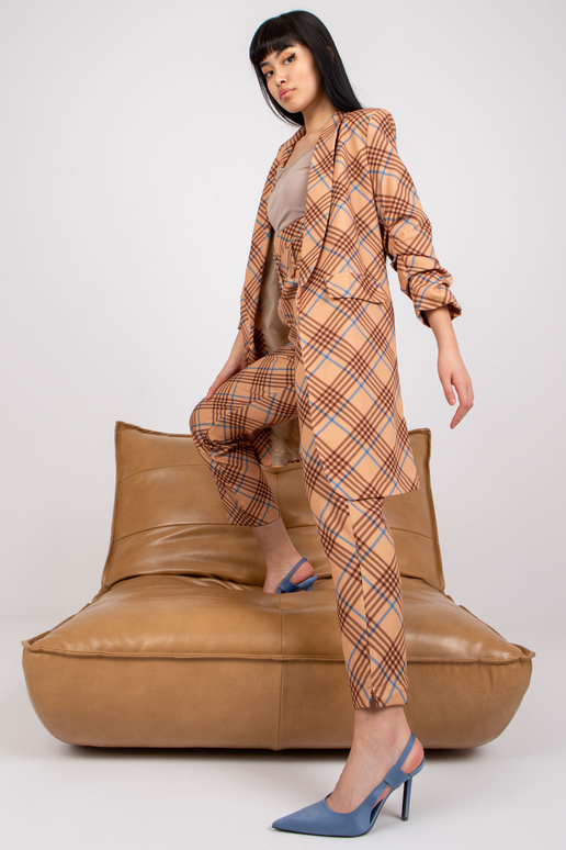 Béžovo-modrý dlouhý kostkovaný sako