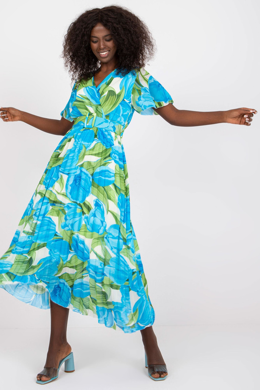 Modré a zelené skládané šaty jedné...