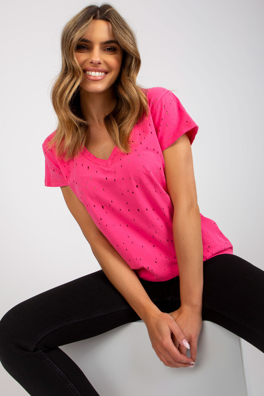Růžové bavlněné tričko s výstřihem do V