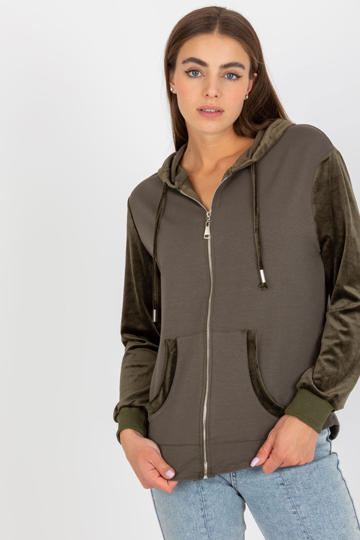 Khaki bavlněná mikina s kapucí a kapsami